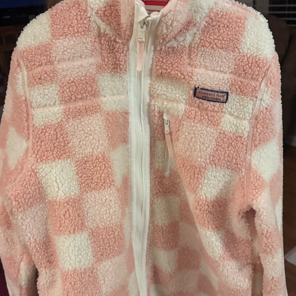 Vineyard Vines Kids Checkered Pink and Cream Fleece Jacket